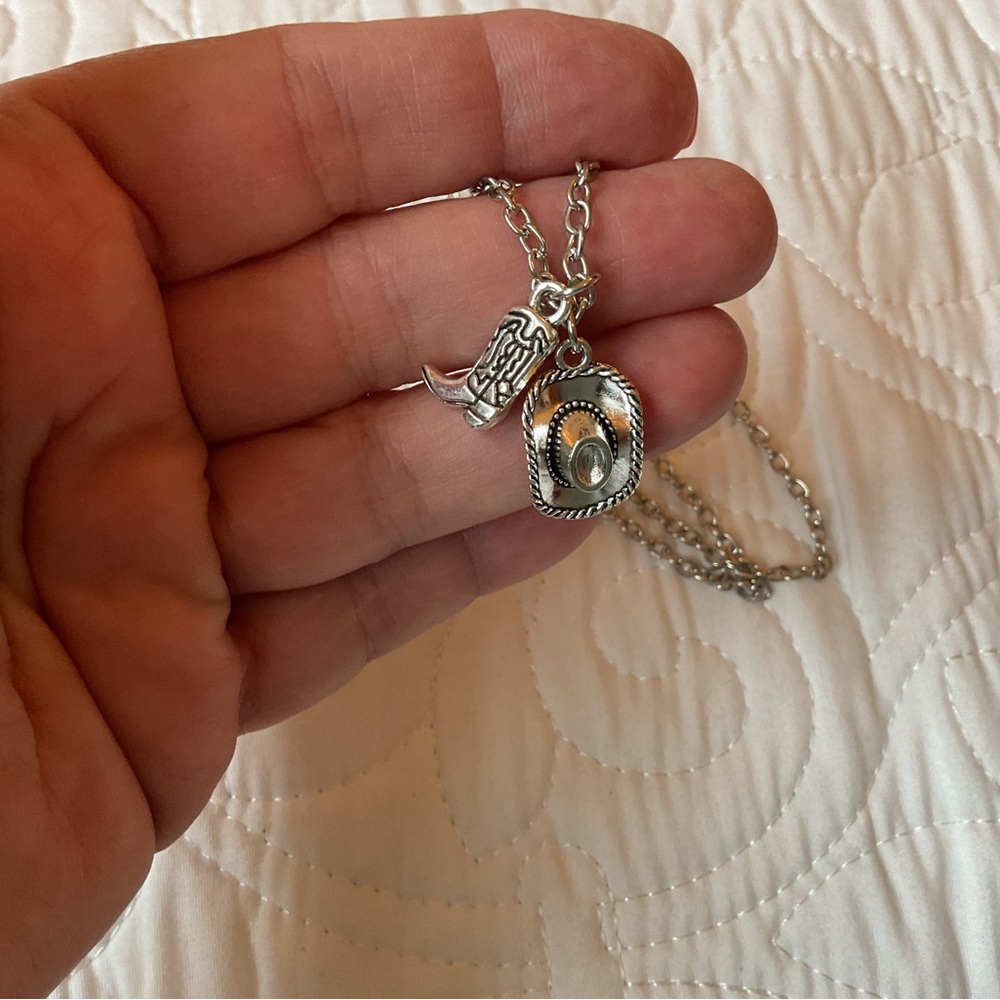 New, Silver-tone 18” Chain Necklace with Cowgirl Hat and Boot Charms.